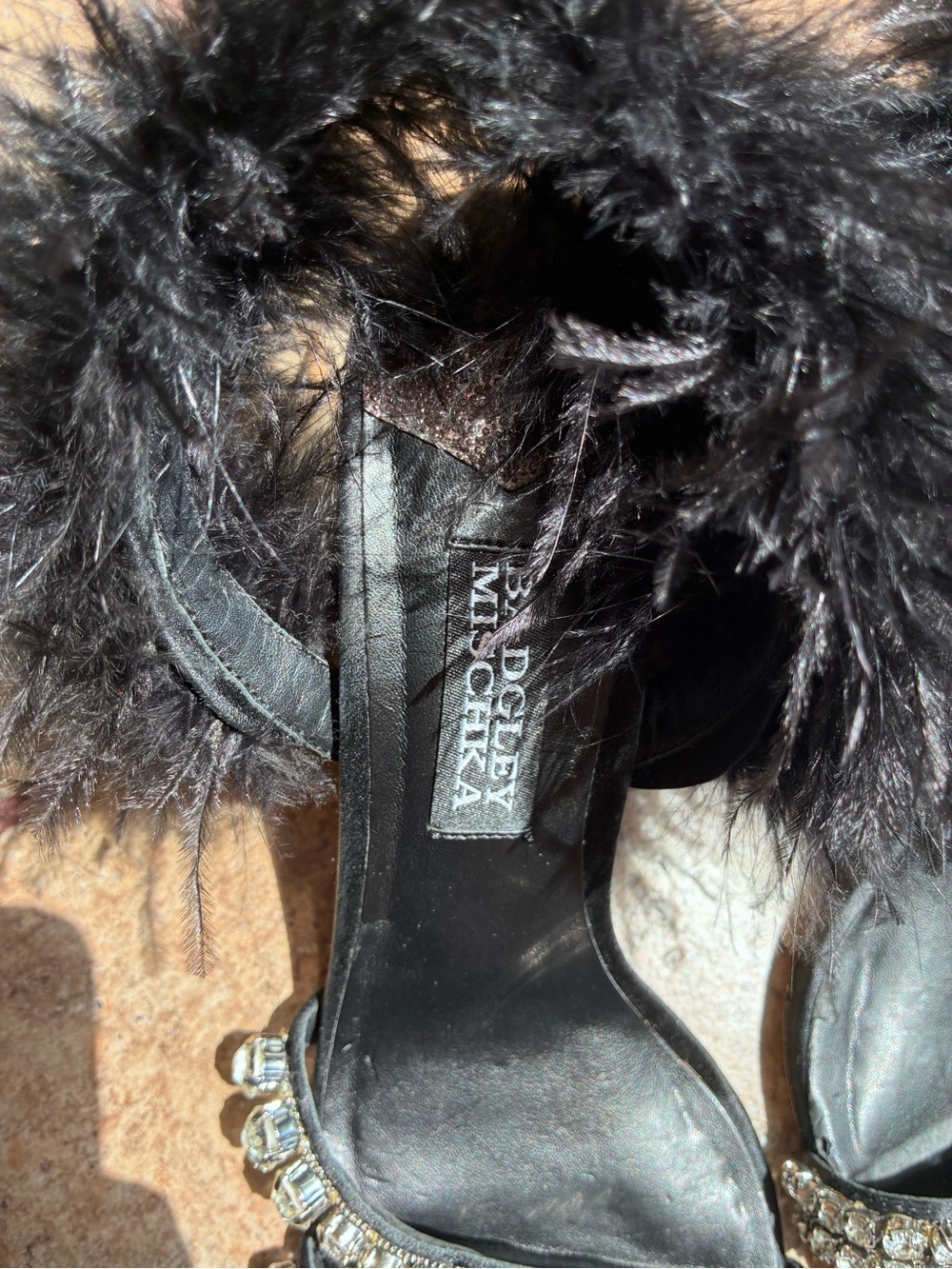 Badgley Mischka Harley  Black Feather and Crystal Stiletto Sandals - Picture 5 of 7